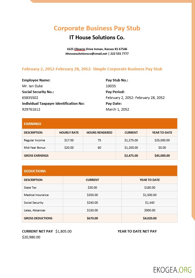 Bulletin de paie de IT House Solutions Co. aux formats PDF et Word